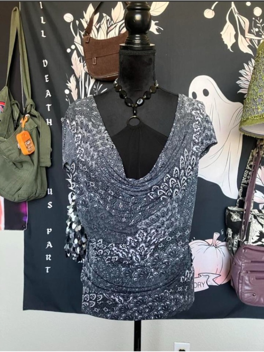 Apt. 9 Black and Gray Cowl Neck Printed Blouse